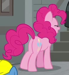 Size: 342x370 | Tagged: safe, screencap, pinkie pie, earth pony, pony, g4, the last laugh, balloonbutt, butt, cropped, eyes closed, female, mare, open mouth, plot, solo