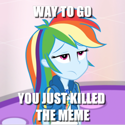 Size: 654x653 | Tagged: safe, edit, edited screencap, screencap, rainbow dash, equestria girls, equestria girls specials, g4, my little pony equestria girls: better together, my little pony equestria girls: holidays unwrapped, caption, cropped, female, image macro, solo, text, unamused