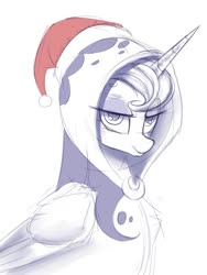 Size: 665x883 | Tagged: safe, artist:some_ponu, princess luna, spirit of hearth's warming yet to come, pony, a hearth's warming tail, g4, christmas, cute, female, hat, holiday, lidded eyes, lunabetes, partial color, solo
