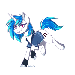 Size: 1500x1500 | Tagged: safe, artist:celes-969, dj pon-3, vinyl scratch, pony, unicorn, g4, clothes, female, mare, red eyes, redesign, simple background, solo, white background