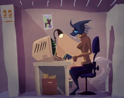 Size: 2560x2023 | Tagged: safe, artist:xander, changeling, anthro, chair, computer, female, high res, solo, working