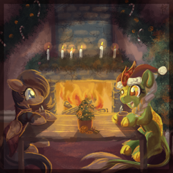 Size: 1024x1024 | Tagged: safe, artist:tiothebeetle, oc, oc only, oc:golden koi, oc:quillwright, kirin, pegasus, pony, berry, candle, candy, candy cane, carpet, chocolate, christmas, christmas tree, cinnamon, female, fire, fireplace, food, hat, holiday, hot chocolate, male, mug, orange, present, santa hat, table, trap, tree, vapor, wreath