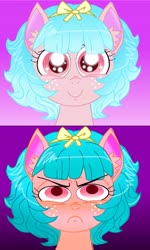 Size: 4500x7513 | Tagged: safe, cozy glow, pegasus, pony, g4, angry, bow, cozy glow is not amused, expressions, female, gradient background, hair bow, happy, looking at you, solo