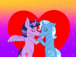 Size: 2048x1536 | Tagged: safe, artist:lightningbolt39, trixie, twilight sparkle, alicorn, pony, unicorn, g4, bipedal, duo, eyes closed, female, gradient background, heart, hooves on cheeks, hug, kiss on the lips, kissing, lesbian, mare, ship:twixie, shipping, spread wings, twilight sparkle (alicorn), wings