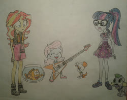 Size: 1461x1150 | Tagged: safe, artist:jebens1, sci-twi, spike, spike the regular dog, sunset shimmer, twilight sparkle, dog, equestria girls, equestria girls series, g4, barely eqg related, bubble guppies, bubble puppy, crossover, electric guitar, guitar, magical geodes, microphone, molly (bubble guppies), mr. grouper, musical instrument, nick jr., nickelodeon, singing
