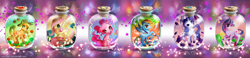 Size: 2075x480 | Tagged: safe, artist:hinoraito, applejack, fluttershy, pinkie pie, rainbow dash, rarity, twilight sparkle, earth pony, pegasus, pony, unicorn, g4, bottle, cork, cute, jar, mane six, pony in a bottle