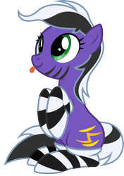 Size: 1585x2256 | Tagged: safe, artist:lightning stripe, derpibooru exclusive, oc, oc only, oc:lightning stripe, earth pony, pony, 2020 community collab, derpibooru community collaboration, :p, black and white mane, clothes, cross-eyed, cute, cutie mark, eyelashes, female, green eyes, makeup, mare, ocbetes, purple coat, show accurate, silly, simple background, sitting, sitting up, socks, solo, striped socks, stripes, tongue out, transparent background, two toned mane, two toned tail, vector