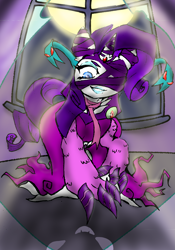 Size: 1929x2756 | Tagged: safe, artist:gobmonster, rarity, nightmare dress monster, pony, unicorn, g4, bandage, clothes, costume, full moon, living clothes, moon, nightmare night, symbiosis