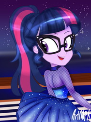 Size: 1536x2048 | Tagged: safe, artist:artmlpk, sci-twi, twilight sparkle, equestria girls, g4, alternate design, cruise, cruise ship, cute, female, looking back, looking over shoulder, ponytail, smiling, solo, twiabetes