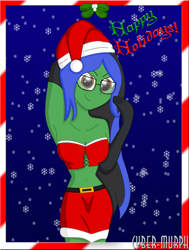 Size: 1156x1527 | Tagged: safe, artist:cyber-murph, oc, oc:lightning voice, equestria girls, g4, arm behind head, armpits, belly, belly button, belt, breasts, caption, christmas, cleavage, clothes, costume, glasses, gloves, happy holidays, hat, holiday, midriff, miniskirt, mistletoe, santa costume, santa hat, skirt, tube top