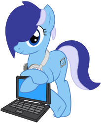 Size: 3000x3650 | Tagged: safe, artist:toutax, oc, oc only, oc:brushie brusha, earth pony, pony, computer, cutie mark, hair over one eye, headphones, high res, laptop computer, simple background, solo, transparent background, vector