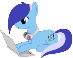 Size: 3745x3000 | Tagged: safe, artist:toutax, oc, oc only, oc:brushie brusha, earth pony, pony, computer, cutie mark, hair over one eye, headphones, high res, laptop computer, smiling, solo, transparent background, vector