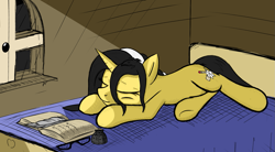Size: 1569x864 | Tagged: safe, artist:vinaramic, oc, oc only, oc:lily flight, oc:lilyt, pony, unicorn, bed, book, female, glasses, mare, on bed, open book, prone, quill, sleeping, solo, window