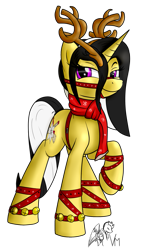 Size: 1141x1890 | Tagged: safe, artist:vinaramic, oc, oc only, oc:lily flight, oc:lilyt, pony, unicorn, antlers, bell, bell collar, bells, bridle, christmas, clothes, collar, female, harness, holiday, mare, new year, raised hoof, scarf, simple background, smiling, solo, tack, transparent background