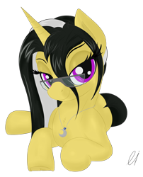 Size: 1340x1658 | Tagged: safe, artist:vinaramic, oc, oc only, oc:lily flight, oc:lilyt, pony, unicorn, chest fluff, eyelashes, female, glasses, jewelry, lidded eyes, looking at you, mare, necklace, prone, simple background, smiling, solo, transparent background