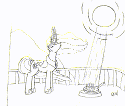 Size: 700x591 | Tagged: safe, artist:quint-t-w, princess celestia, alicorn, pony, g4, abuse of power, balcony, cooking, egg, female, frying pan, mundane utility, old art, pencil drawing, sketch, solo, sun, traditional art
