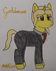 Size: 2692x3456 | Tagged: safe, artist:awgear, oc, oc only, oc:goldmare, pony, unicorn, blonde mane, blonde tail, clothes, female, high res, necktie, sad, solo, suit, traditional art
