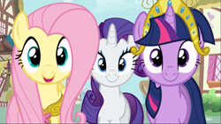 Size: 1667x939 | Tagged: safe, screencap, fluttershy, rarity, twilight sparkle, pegasus, pony, unicorn, g4, magical mystery cure, big crown thingy, cropped, crown, element of kindness, element of magic, female, jewelry, layering error, looking at you, mare, open mouth, regalia, smiling, trio, unicorn twilight