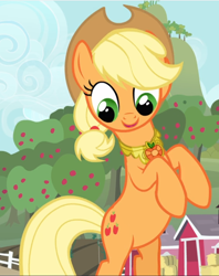 Size: 744x940 | Tagged: safe, screencap, applejack, earth pony, pony, g4, magical mystery cure, bipedal, cropped, cute, element of honesty, female, jackabetes, looking down, mare, open mouth, raised hoof, smiling, solo