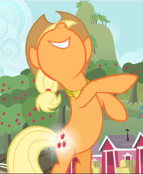 Size: 770x941 | Tagged: safe, screencap, applejack, earth pony, pony, g4, magical mystery cure, season 3, a true true friend, bipedal, cropped, female, glowing cutie mark, hoofy-kicks, horses doing horse things, mare, nose in the air, raised hoof, rearing, smiling, solo
