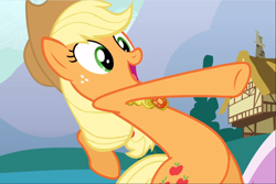 Size: 1404x939 | Tagged: safe, screencap, applejack, earth pony, pony, g4, magical mystery cure, bipedal, cropped, element of honesty, excited, female, freckles, mare, open mouth, pushing, raised hoof, smiling, solo