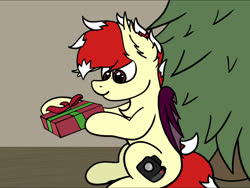 Size: 1499x1126 | Tagged: safe, artist:aaathebap, oc, oc only, oc:aaaaaaaaaaa, bat pony, pony, christmas, christmas tree, holiday, male, present, solo, tree