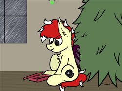 Size: 1499x1122 | Tagged: safe, artist:aaathebap, oc, oc only, oc:aaaaaaaaaaa, bat pony, pony, christmas, christmas lights, christmas tree, confused, holiday, magic, male, present, snow, solo, tree