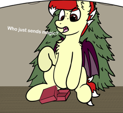 Size: 1499x1378 | Tagged: safe, artist:aaathebap, oc, oc only, oc:aaaaaaaaaaa, bat pony, pony, christmas, christmas tree, confused, holiday, imminent inflation, magic, male, present, solo, tree