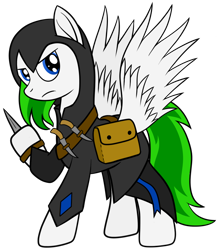 Size: 836x949 | Tagged: safe, artist:cloudy95, oc, oc only, oc:crystal cloud, pegasus, pony, assassin's creed, clothes, cosplay, costume, knife, saddle bag, solo