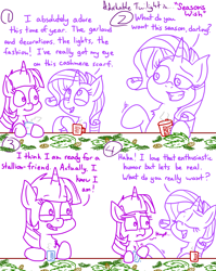 Size: 4779x6013 | Tagged: safe, artist:adorkabletwilightandfriends, rarity, twilight sparkle, alicorn, pony, unicorn, comic:adorkable twilight and friends, g4, adorkable, adorkable twilight, christmas, comic, confident, conversation, cute, dork, drink, friends, friendship, garland, hearth's warming, holiday, insult, insulted, mug, pinecone, raribitch, relationship, romance, self confidence, slice of life, twilight sparkle (alicorn), unintentional