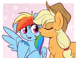 Size: 800x613 | Tagged: safe, artist:lulubell, derpibooru exclusive, applejack, rainbow dash, pony, g4, cheek kiss, female, kissing, lesbian, mare, redraw, ship:appledash, shipping