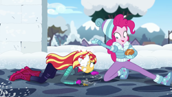 Size: 1280x720 | Tagged: safe, screencap, pinkie pie, sunset shimmer, equestria girls, equestria girls specials, g4, my little pony equestria girls: better together, my little pony equestria girls: holidays unwrapped, saving pinkie's pie, boots, clothes, duo, duo female, female, key, keychain, ramekin, shoes, snow, snow fort, snowball, snowball fight, souffle, winter outfit
