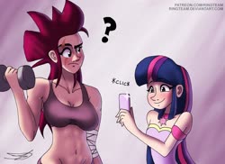 Size: 4096x2978 | Tagged: safe, artist:ringteam, tempest shadow, twilight sparkle, human, g4, belly button, blushing, breasts, busty tempest shadow, eyes on the prize, female, humanized, lesbian, photo, question mark, ship:tempestlight, shipping, weight lifting