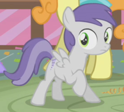 Size: 548x496 | Tagged: safe, screencap, tornado bolt, pegasus, pony, call of the cutie, g4, background pony, cropped, female, filly, foal, raised hoof, solo focus, wide eyes
