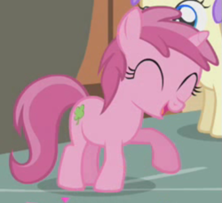 Size: 537x489 | Tagged: safe, screencap, alula, pluto, ruby pinch, pony, unicorn, call of the cutie, g4, background pony, cropped, cutie mark, eyes closed, female, filly, foal, raised hoof, solo focus
