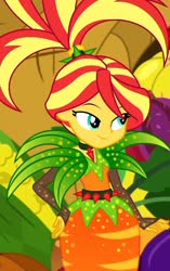 Size: 678x1080 | Tagged: safe, screencap, sunset shimmer, equestria girls, equestria girls series, g4, holidays unwrapped, spoiler:eqg series (season 2), alternate hairstyle, carrot, clothes, cropped, female, food, lidded eyes, outfit, solo