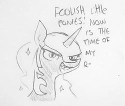 Size: 832x709 | Tagged: safe, artist:tjpones, part of a set, nightmare moon, alicorn, pony, friendship is magic, g4, dialogue, female, helmet, mare, monochrome, monologue, pencil drawing, simple background, sketch, traditional art, white background