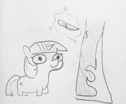 Size: 1216x1008 | Tagged: safe, artist:tjpones, part of a set, nightmare moon, twilight sparkle, alicorn, pony, unicorn, friendship is magic, g4, female, imminent pain, knife, magic, mare, monochrome, pencil drawing, simple background, size difference, sketch, smol, telekinesis, this will not end in death, traditional art, twiggie, unicorn twilight, white background
