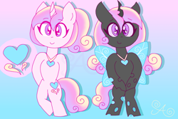 Size: 3000x2000 | Tagged: safe, artist:alannaartroid, princess cadance, changeling, pony, unicorn, g4, alternate hairstyle, alternate universe, bipedal, changeling queen cadance, changelingified, cutie mark, disguise, disguised changeling, female, gradient background, heart eyes, high res, jewelry, looking at you, mare, necklace, redesign, solo, species swap, unicorn cadance, wingding eyes