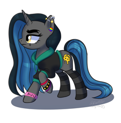 Size: 1024x1047 | Tagged: safe, artist:klewgcg, artist:wicked-red-art, oc, oc only, oc:tough cookie (ice1517), pony, unicorn, bracelet, clothes, ear piercing, earring, female, hoodie, jewelry, makeup, mare, piercing, raised hoof, show accurate, simple background, socks, solo, striped socks, transparent background, wristband