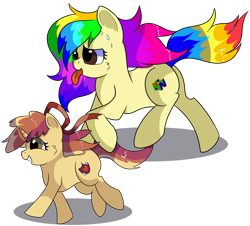 Size: 1280x1155 | Tagged: safe, artist:rainbowtashie, oc, oc:rainbow tashie, oc:sparkling apples, earth pony, pony, unicorn, adorable face, bow, commissioner:bigonionbean, cute, cutie mark, daaaaaaaaaaaw, female, filly, fusion, fusion:apple bloom, fusion:dinky hooves, galloping, mare, nintendo 64, panting, sweat, sweating profusely, tongue out, writer:bigonionbean