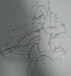 Size: 1080x1163 | Tagged: safe, artist:omegapony16, oc, oc only, oc:oriponi, bat pony, pony, axe, bat pony oc, battle axe, bipedal, lineart, lined paper, sketch, solo, traditional art, weapon