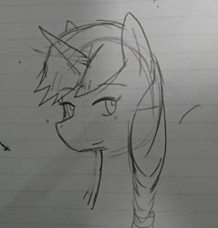 Size: 1076x1125 | Tagged: safe, artist:omegapony16, oc, oc only, oc:oriponi, pony, unicorn, bust, horn, lineart, lined paper, smiling, solo, traditional art, unicorn oc
