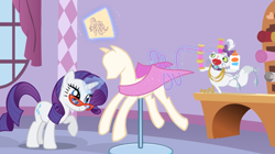 Size: 2880x1618 | Tagged: safe, screencap, opalescence, rarity, cat, pony, unicorn, g4, suited for success, balancing, cloth, duo, female, glasses, glue bottle, magic, magic aura, mannequin, mare, measuring tape, needle, ponyquin, rarity's glasses, scissors, spool, standing, standing on one leg, telekinesis, thread
