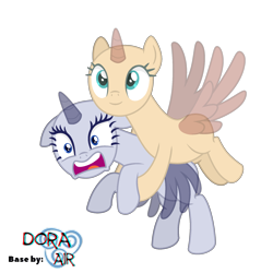 Size: 2000x2089 | Tagged: safe, artist:doraair, oc, oc only, alicorn, pony, alicorn oc, bald, base, duo, flying, high res, holding a pony, horn, scared, simple background, smiling, transparent background