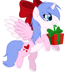 Size: 2712x2936 | Tagged: safe, artist:alfury, artist:starshade, oc, oc only, oc:rioshi sweet, alicorn, pony, alicorn oc, base used, bow, christmas, female, hair bow, high res, holiday, horn, mare, present, simple background, smiling, solo, unshorn fetlocks, white background