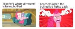 Size: 1929x767 | Tagged: safe, edit, edited screencap, screencap, fluttershy, pinkie pie, g4, one bad apple, the last roundup, angry, angry face, bully, bullying, female, mare, meme, pinkie pie is not amused, reading, real life scenery, sad but true, teacher, unamused