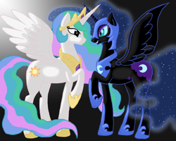 Size: 2500x2000 | Tagged: safe, artist:dreamyartcosplay, nightmare moon, princess celestia, alicorn, pony, g4, duo, ethereal mane, female, gradient background, grin, high res, hoof shoes, mare, peytral, raised hoof, smiling, starry mane