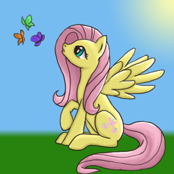 Size: 600x600 | Tagged: safe, artist:dreamyartcosplay, fluttershy, butterfly, pegasus, pony, g4, female, mare, raised hoof, sitting, solo