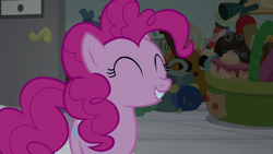 Size: 1920x1080 | Tagged: safe, screencap, pinkie pie, earth pony, pony, g4, the last laugh, ^^, eyes closed, female, mare, smiling, solo